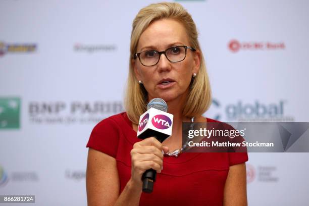 Micky Lawler, WTA President talks during a press conference on day 4 of the BNP Paribas WTA Finals Singapore presented by SC Global at Singapore...