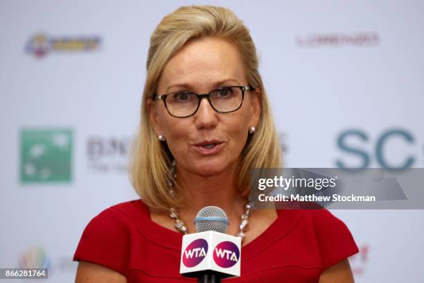 Micky Lawler, WTA President talks during a press conference on day 4 of the BNP Paribas WTA Finals Singapore presented by SC Global at Singapore...