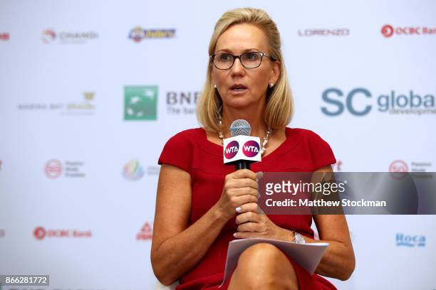Micky Lawler, WTA President talks during a press conference on day 4 of the BNP Paribas WTA Finals Singapore presented by SC Global at Singapore...