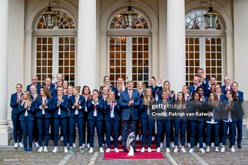 King Willem-Alexander Of The Netherlands Welcomes European Football Cup Winners For Ladies At  Noordeinde Palace in The Hague