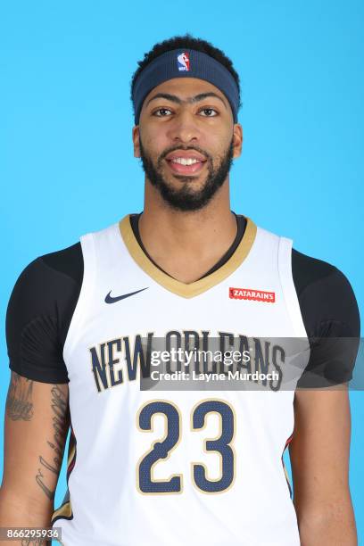 Anthony Davis of the New Orleans Pelicans poses for a head shot during 2017 NBA Media Day on October 10, 2017 at the Ochsner Sports Performance...