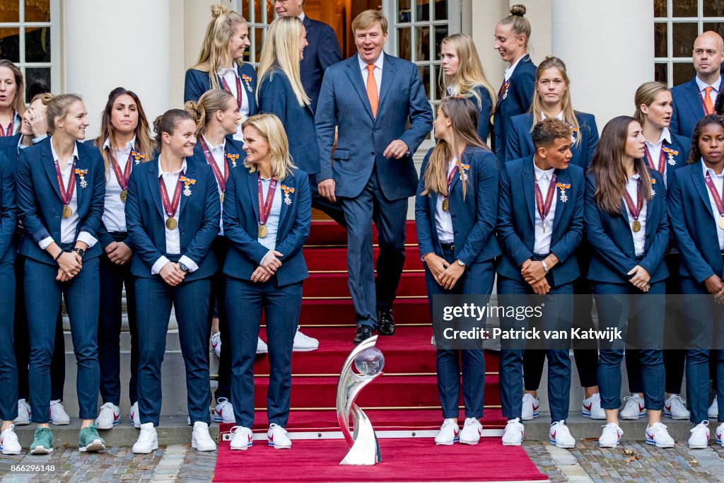 King Willem-Alexander Of The Netherlands Welcomes European Football Cup Winners For Ladies At Noordeinde Palace in The Hague