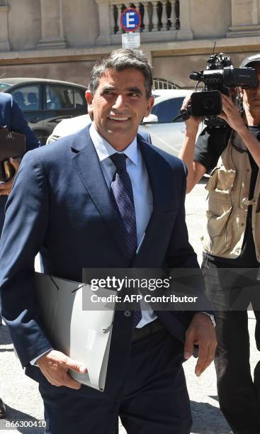 Former Uruguayan vice president Raul Sendic arrives at the organized crime court in Montevideo where he will attend a hearing over allegations he...