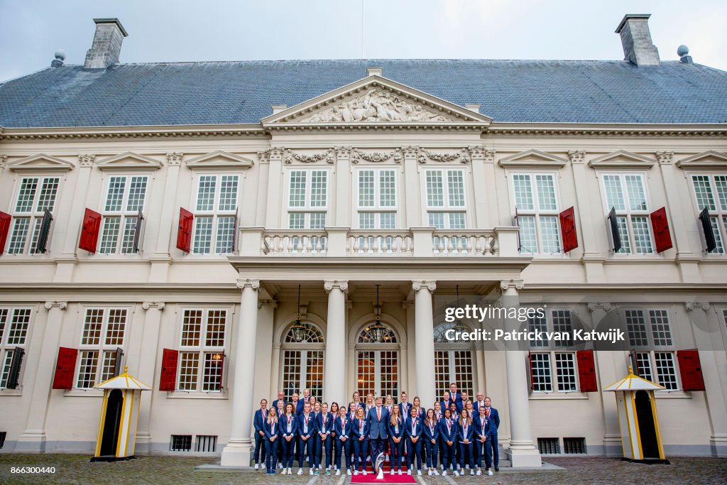 King Willem-Alexander Of The Netherlands Welcomes European Football Cup Winners For Ladies At  Noordeinde Palace in The Hague