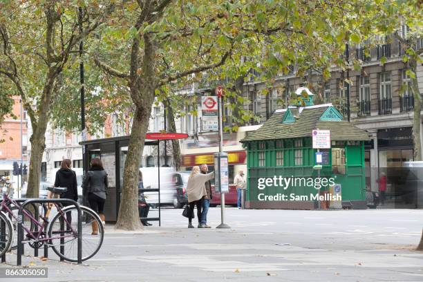 Cabmans shelters along Thurloe Place on 19th October 2015 in London, United Kingdom. Established in 1875, today they provide shelter, hot food and...