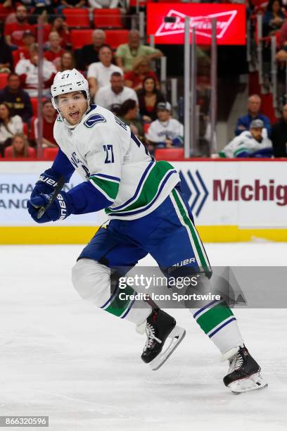 Vancouver Canucks defenseman Ben Hutton skates during a regular season NHL hockey game between the Vancouver Canucks and the Detroit Red Wings on...