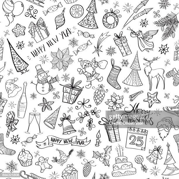 hand drawn christmas elements seamless pattern - santa hat drawing stock illustrations
