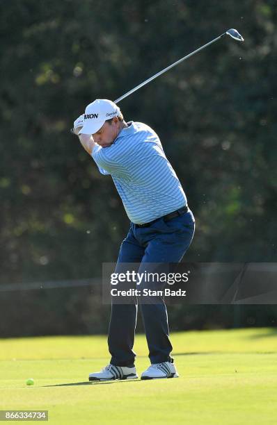 Joe Durant plays a shot on the 18th hole during the first round of the PGA TOUR Champions Dominion Energy Charity Classic at The Country Club of...