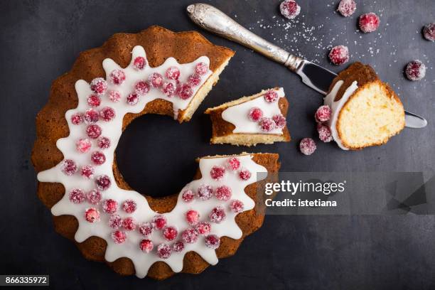 candied cranberries bundt cake - birthday cake overhead stock pictures, royalty-free photos & images