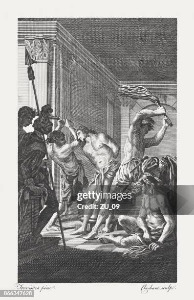 christ scourged (john 19, 1), copperplate engraving, published in 1774 - jesus whip stock illustrations