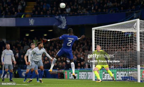 Antonio Rudiger of Chelsea scores his sides first goal during the Carabao Cup Fourth Round match between Chelsea and Everton at Stamford Bridge on...