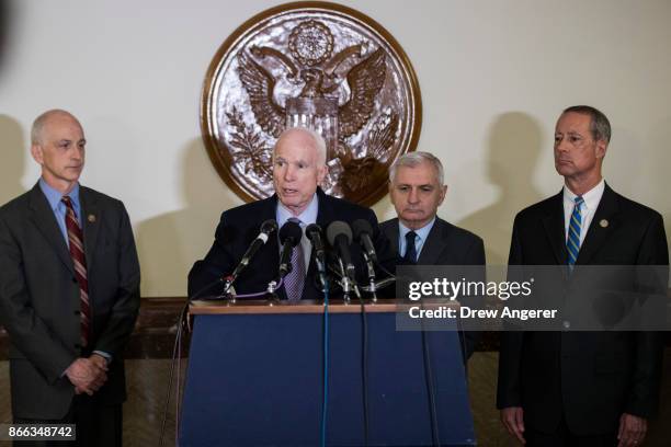 Rep. Adam Smith , Sen. John McCain , Sen. Jack Reed and Rep. Mac Thornberry hold a brief press conference before an Armed Services conference...