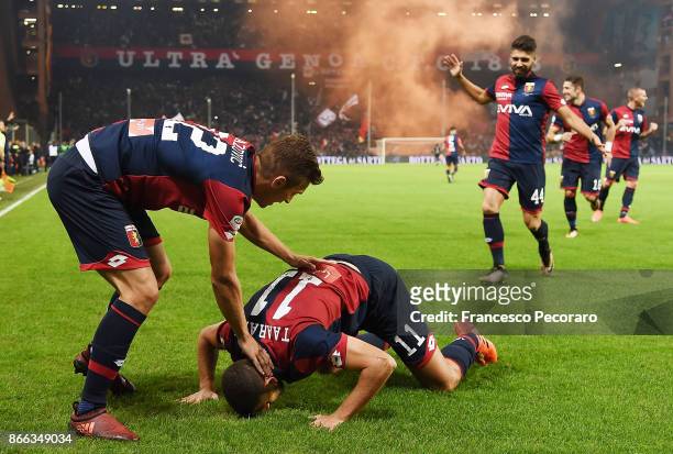 Genoa CFC players and Adel Taarabt of Genoa CFC celebrate the 1-0 goal scored by Adel Taarabt during the Serie A match between Genoa CFC and SSC...