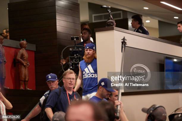 World Series Media Day: Los Angeles Dodgers Justin Turner speaks with members of the press during Media Day at Dodger Stadium. Los Angeles, CA...