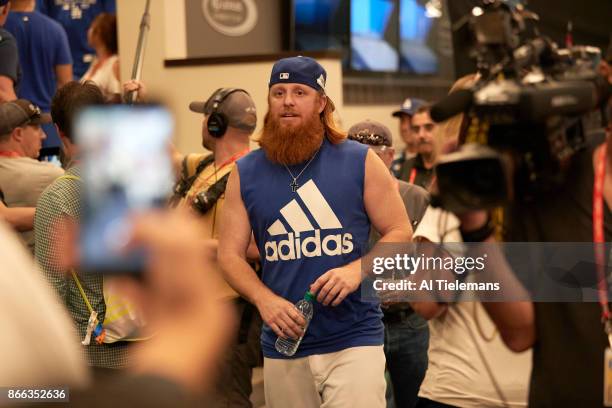World Series Media Day: Los Angeles Dodgers Justin Turner speaks with members of the press during Media Day at Dodger Stadium. Los Angeles, CA...