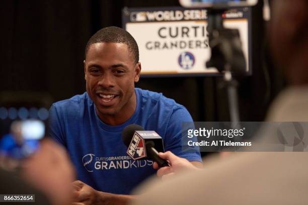 World Series Media Day: Los Angeles Dodgers Curtis Granderson speaks with members of the press during Media Day at Dodger Stadium. Los Angeles, CA...