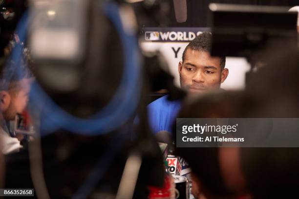 World Series Media Day: Los Angeles Dodgers Yasiel Puig speaks with members of the press during Media Day at Dodger Stadium. Los Angeles, CA CREDIT:...