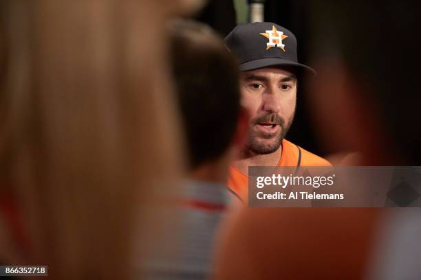 World Series Media Day: Houston Astros Justin Verlander speaks with members of the press during Media Day at Dodger Stadium. Los Angeles, CA CREDIT:...