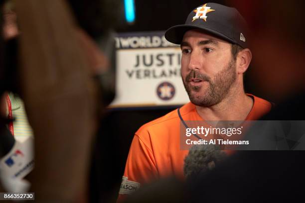 World Series Media Day: Houston Astros Justin Verlander speaks with members of the press during Media Day at Dodger Stadium. Los Angeles, CA CREDIT:...