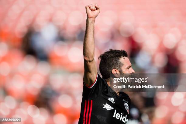 United head coach and former player Ben Olsen celebrates during the legends game as part of festivities for the final MLS game at RFK Stadium on...