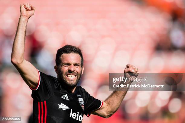 United head coach and former player Ben Olsen celebrates during the legends game as part of festivities for the final MLS game at RFK Stadium on...