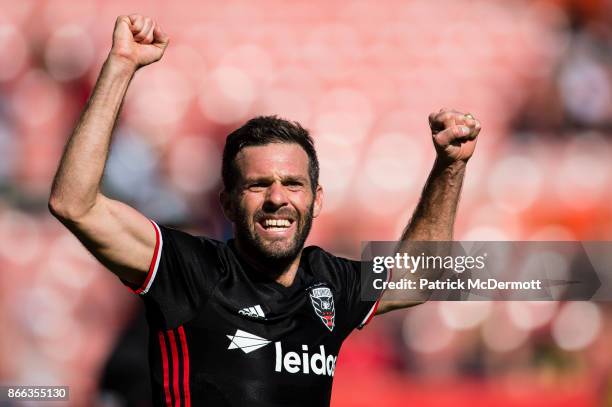 United head coach and former player Ben Olsen celebrates during the legends game as part of festivities for the final MLS game at RFK Stadium on...