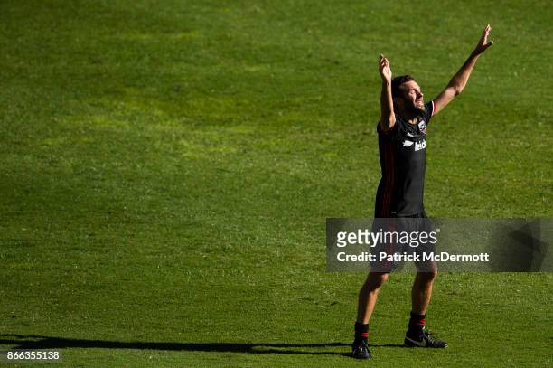 United head coach and former player Ben Olsen celebrates during the legends game as part of festivities for the final MLS game at RFK Stadium on...