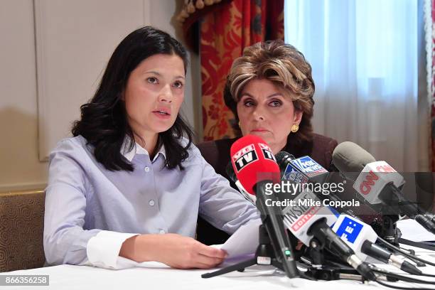 New alleged victim of Harvey Weinstein, Natassia Malthe and Attorney Gloria Allred speak during a press conference held at Lotte New York Palace at...