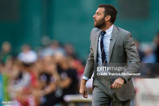United head coach Ben Olsen reacts from the bench against the New York Red Bulls in the first half of the final MLS game at RFK Stadium on October...