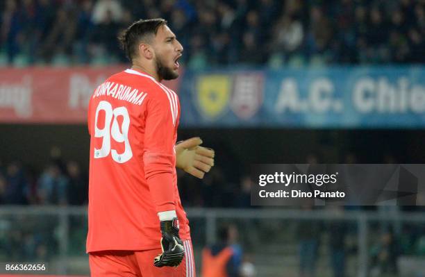 Gianluigi Donnarumma goalkeeper of AC Milan reacts during the Serie A match between AC Chievo Verona and AC Milan at Stadio Marc'Antonio Bentegodi on...