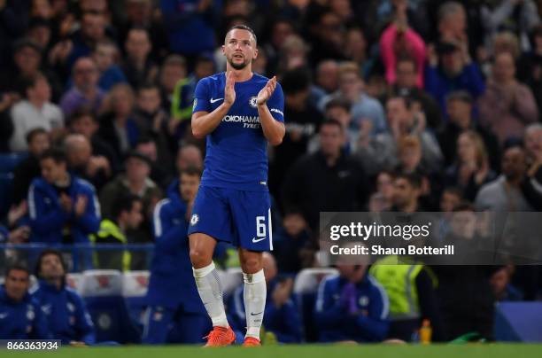 Danny Drinkwater of Chelsea reacts during the Carabao Cup Fourth Round match between Chelsea and Everton at Stamford Bridge on October 25, 2017 in...