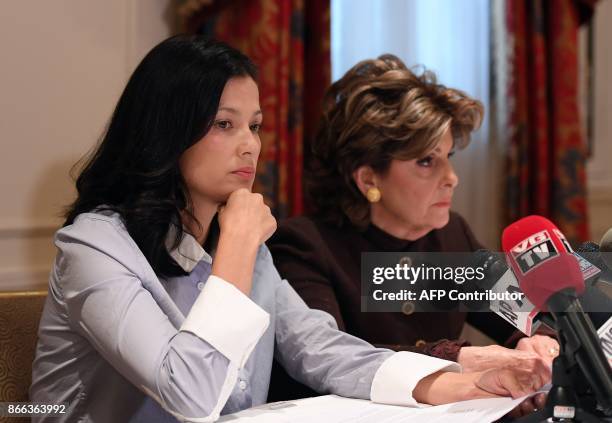 New alleged victim of film producer Harvey Weinstein, actor and model Natassia Malthe and Attorney Gloria Allred speak during a press conference held...