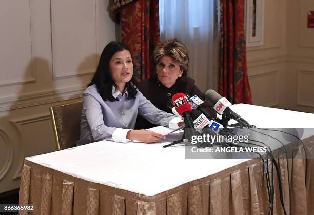 New alleged victim of film producer Harvey Weinstein, actor and model Natassia Malthe speaks next to her Attorney Gloria Allred during a press...