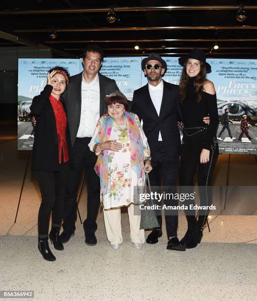 Producer Guy Oseary, directors Agnes Varda and JR and model Michelle Alves attend the premiere of Cohen Media Group's 'Faces Places' at the Pacific...