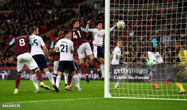Angelo Ogbonna of West Ham United scores his side's third goal during the Carabao Cup Fourth Round match between Tottenham Hotspur and West Ham...