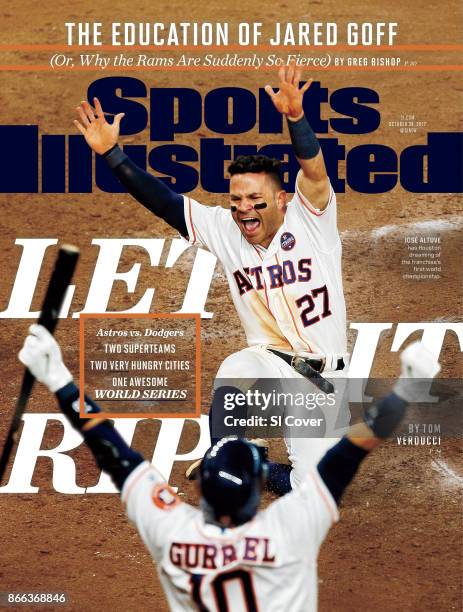 October 30, 2017 Sports Illustrated via Getty Images Cover: Baseball: ALCS Playoffs: Houston Astros Jose Altuve victorious with Yuli Gurriel after...