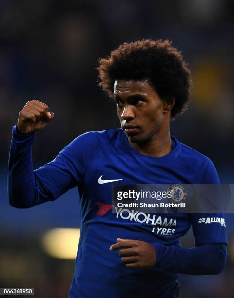 Willian of Chelsea celebrates scoring his sides second goal during the Carabao Cup Fourth Round match between Chelsea and Everton at Stamford Bridge...