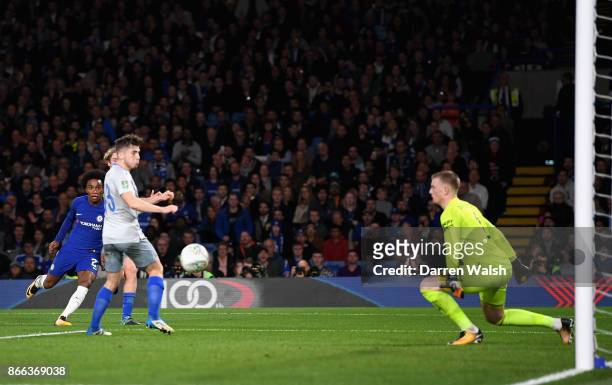 Willian of Chelsea scores his sides second goal during the Carabao Cup Fourth Round match between Chelsea and Everton at Stamford Bridge on October...