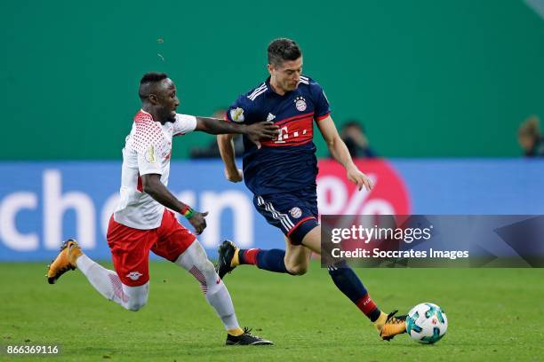 Naby Keita of RB Leipzig, Robert Lewandowski of FC Bayern Munchen during the German DFB Pokal match between RB Leipzig v Bayern Munchen at the Red...