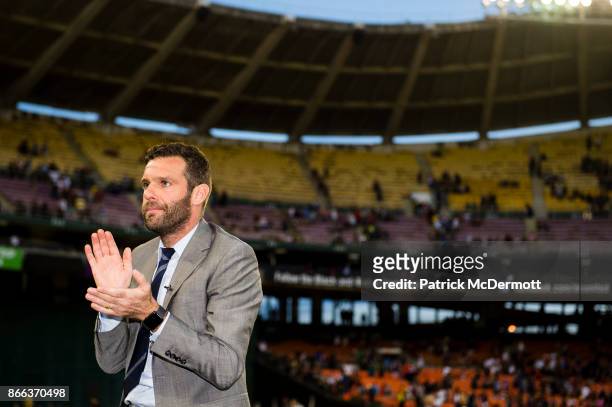 United head coach Ben Olsen looks on after the New York Red Bulls defeated DC United 2-1 during the final MLS game at RFK Stadium on October 22, 2017...