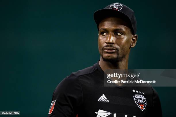 Bill Hamid of DC United looks on after the New York Red Bulls defeated DC United 2-1 during the final MLS game at RFK Stadium on October 22, 2017 in...