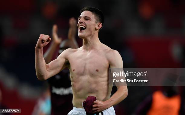 Declan Rice of West Ham United celebrates his side's win following the Carabao Cup Fourth Round match between Tottenham Hotspur and West Ham United...