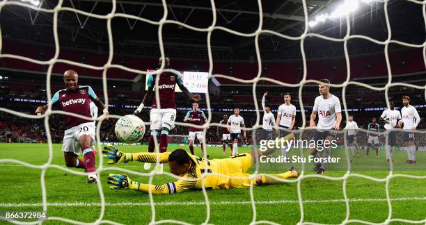 West Ham striker Andre Ayew scores the first West Ham goal past Michel Vorm during the Carabao Cup Fourth Round match between Tottenham Hotspur and...