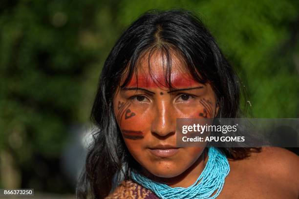 Portrait of Kurija Waiapi in the Waiapi indigenous reserve in Amapa state in Brazil on October 14, 2017. The tiny Waiapi tribe is resisting moves by...