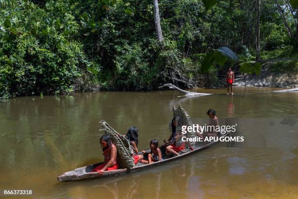 Waiapi people cross the Feliz river by barge, to go to harvest manioc to prepare Caxiri, a craft beer made with Manioc, imbibed daily by men, women...