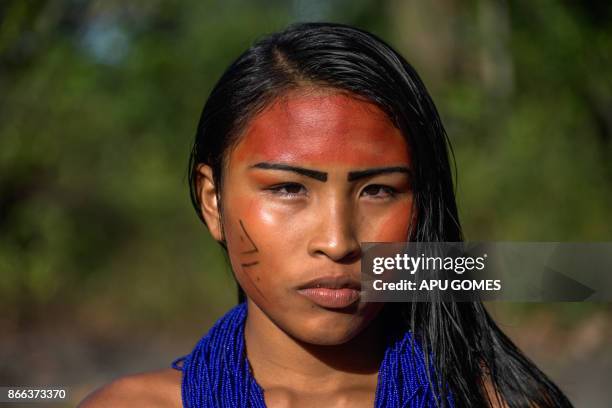 Portrait of Siurima Waiapi in the Waiapi indigenous reserve in Amapa state in Brazil on October 14, 2017. The tiny Waiapi tribe is resisting moves by...