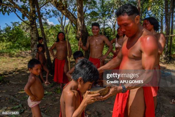 Waiapi man gives Caxiri, a craft beer made with Manioc, imbibed daily by men, women and children when is not yet sour yet, at the indigenous reserve...