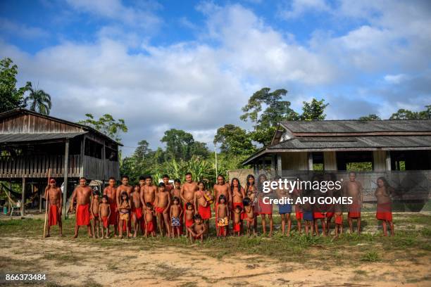 Portrait of Waiapi people in Manilha village at the Waiapi indigenous reserve in Amapa state in Brazil on October 15, 2017. The Waiapi are one of the...