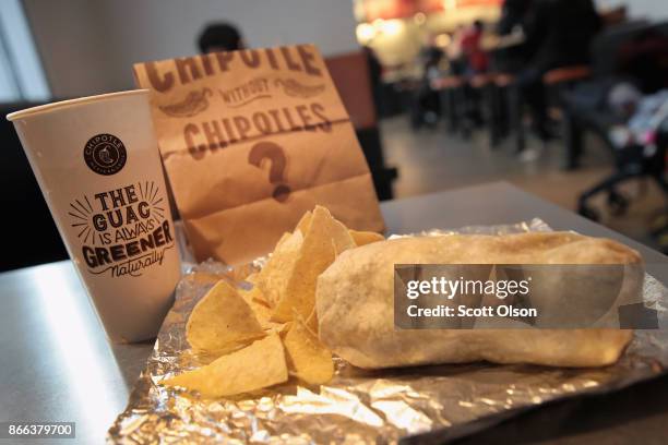 Food is served at a Chipotle restaurant on October 25, 2017 in Chicago, Illinois. Chipotle stock fell more than 14 percent today after a weak 3Q...