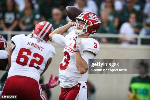 Hoosiers quarterback Peyton Ramsey drops back to pass during a Big Ten Conference NCAA football game between Michigan State and Indiana on October 21...